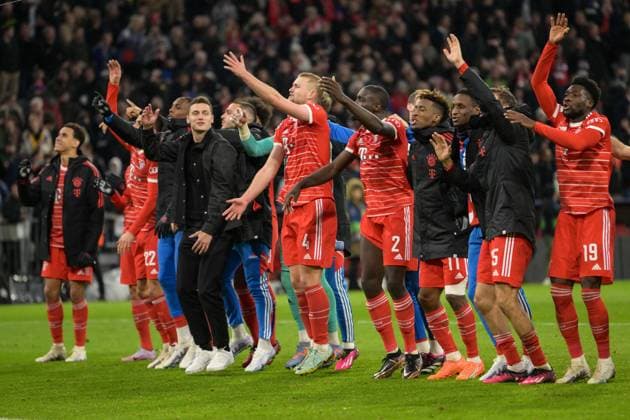 Soccer, UEFA Champions League, Round of 16, 20230308, FC Bayern Munich FC Paris St Germain In picture Bayern celebrate victory in front of fans Munich Allianz Arena Bayern Germany Copyright: Passion2Press MarkusxFischerx
