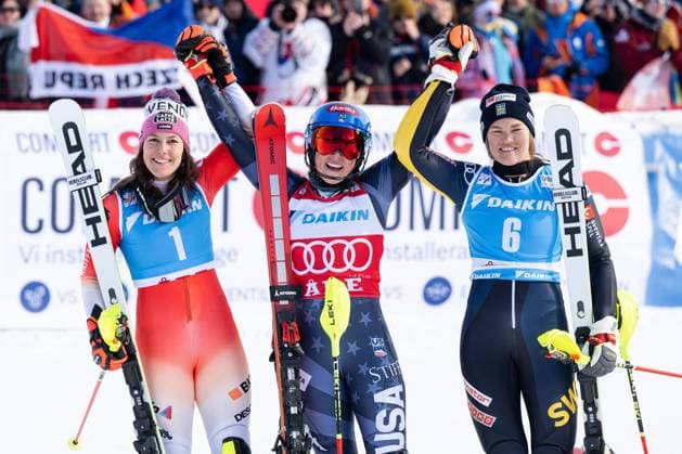 230311 Wendy Holdener of Switzerland, Mikaela Shiffrin of USA and Anna Swenn Larsson of Sweden celebrate after Women s Slalom during the FIS Alpine World Cup on March 11, 2023 in Are Photo Daniel Stiller BILDBYRAN kod DS DS0293 alpint alpine skiing fis world cup Are womens slalom bbeng jubel,  Copyright: DANIELxSTILLER BB230311DS069