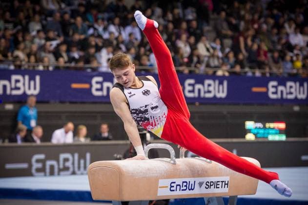 Daniel Mousichidis GER , on pommel horse, Junior Team Challenge Maenner 38 EnBW DTB Pokal 2023 vom 17 19 03 2023, sport, gymnastics, competitive sport, mass sport, competition, DTB, STB, in Stuttgart Porsche Arena am 17 03 2023, GER 38 EnBW DTB Pokal 2023 vom 17 19 03 2023, Stuttgart Porsche Arena am 17 03 2023, GER Stuttgart Copyright: xSandyxDinkelackerx EP_SDR