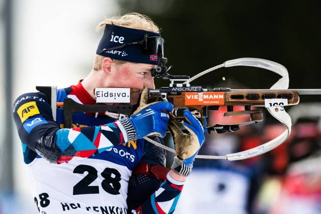 230318 Einar Hedegart of Norway during zeroing ahead of mens 12.5 km biathlon pursuit during the IBU World Cup on March 18, 2023 in Oslo Photo Vegard Grott BILDBYRAN code VG VG0412 biathlon biathlon biathlon ibu world cup holmenkollen men?s pursuit bbeng norge,  Copyright: VEGARDxGRoTT BB230318VG002