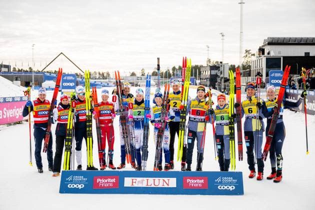 230319 Team Norway, Team Sweden and team Germany celebrate after competing in 4x5 km mixed relay during the FIS Cross Country World Cup on March 19, 2023 in Falun Photo Jesper Zerman BILDBYRAN COP 234 JZ0344 skidor cross country skiing langrenn fis world cup falun mixed 4x5 km relay bbeng jubel,  Copyright: JESPERxZERMAN BB230319JZ037