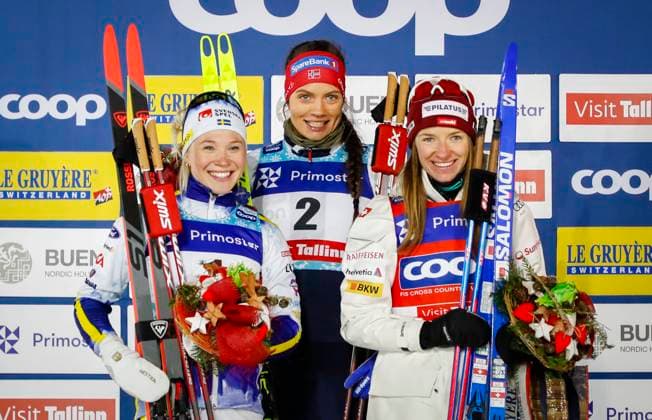 230321 Jonna Sundling of Sweden, Kristine Stavas Skistad of Norway and Nadine Faehndrich of Switzerland at the flower ceremony after womens free technique sprint during the FIS Cross Country World Cup on March 21, 2023 in Tallinn Photo Tomi Hänninen PHOTO AGENCY COP 211 TH0018 FIS World Cup bbeng cross country skiing cross country skiing tallinn womens sprint,  Copyright: TOMIxHÄNNINEN BB230321BB347