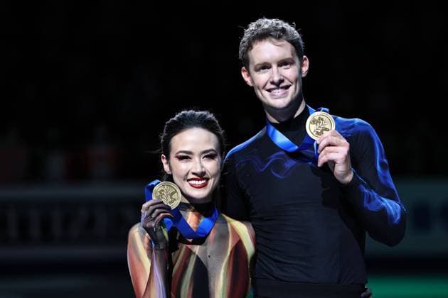 Madison Chok and Evan Bates, USA, after ice dance free dance at 2023 figure skating world championships in Saitama 25 03 2023
