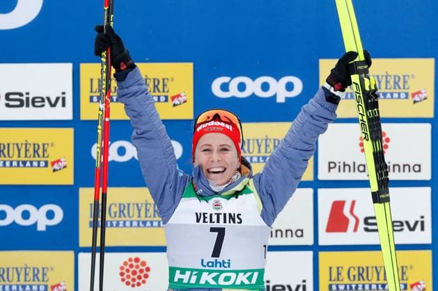230326 Katharina Hennig of Germany celebrates on the podium after the womens 20 km mass start during the FIS Cross Country World Cup on March 26, 2023 in Lahti Photo Kalle Parkkinen BILDBYRAN COP 211 KP0047 skiing cross country skiing cross country world cup fis cross country world cup mass start mass start sweden ladies bbeng germany jubilation,  Copyright: KALLExPARKKINEN BB230326BB239