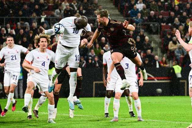 Niclas Fuellkrug header 9 Germany , Romelu Lukaku handball 10 Belgium , Germany vs Belgium , Football , National team international , 28 03 2023 DFB regulations prohibit any use of photographs as image sequences and or quasi video Copyright: xkolbert-press MarcxNiemeyerx