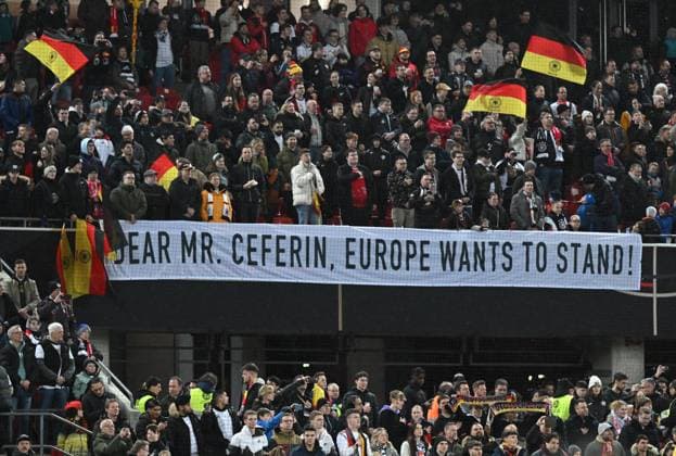 Football, men, 2022 2023 season, test match in Cologne, Germany Belgium, banner saying Dear Mr Ceferin, Europe wants to stand , 28 03 2023, Copyright: xMatthiasxKochx