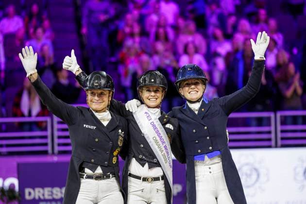 OMAHA FEI World Cup Finals 2023, OMAHA FEI World Cup Finals 2023 WERTH Isabell GER , VON BREDOW WERNDL Jessica GER , SKODBORG MERRALD Nanna DEN Champagne shower Prize giving ceremony FEI Dressage World Cupâ ¢ Final Grand Prix Freestyle presented by Havensafe Farm Int dressage competition Grand Prix Freestyle Omaha, CHI Health Center 07 April 2023