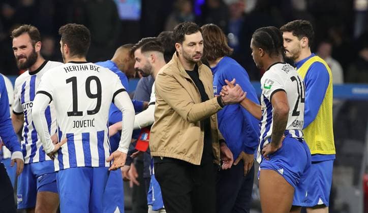 Lucas Tousart, Stevan Jovetic, coach Sandro Schwarz, Jessic Ngankam disappointed after end of match disappointment Sports Football Soccer DFL Bundesliga Men 27 Matchday Season 2022 2023 08 04 2023 Hertha BSC Berlin vs RB Leipzig RBL DFL regulations prohibit any use of photographs as image sequences and or quasi video