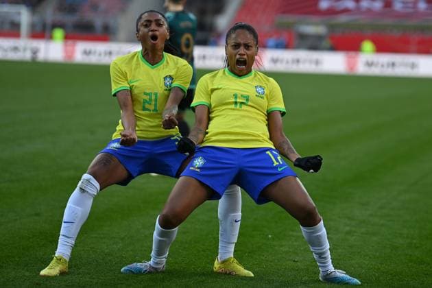 Cheer, joy, celebrate, happy, cheer , Goal Celebration Brazil 0 2 Kremlin Ferraz Brazil, 21 Ariadina Borges Brazil, 17 , 11 04 2023, Nuremberg Germany , football, international match, women, Germany Brazil xmkx