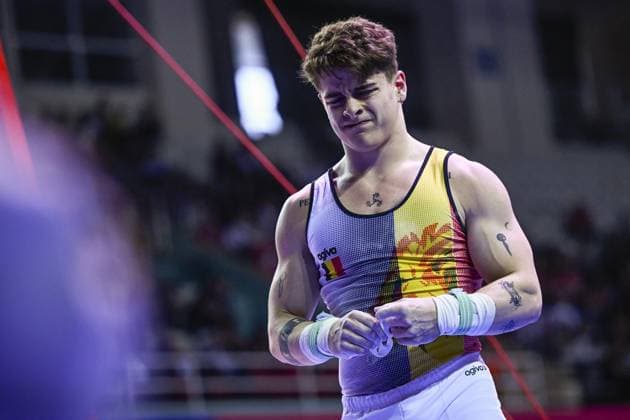 Belgian gymnast Victor Martinez Marechal reacts after the sixth and last rotation, the rings, in the men all around final, on the third day of the European Championships Gymanstics in Antalya, Turkey, Thursday 13 April 2023. The EC are taking place from 11 to 16 April 2023. LAURIExDIEFFEMBACQ  x64664896x