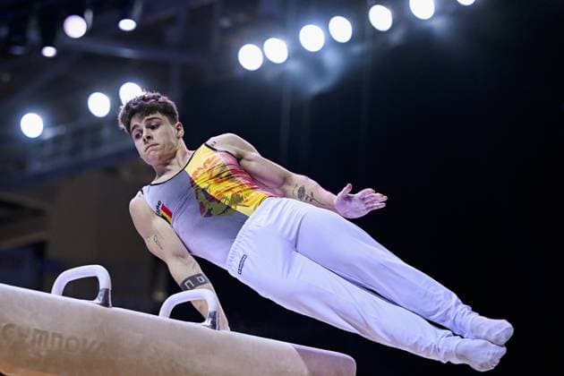 Belgian gymnast Victor Martinez Marechal pictured in action during the fifth rotation, the pommel horse, in the men all around final, on the third day of the European Championships Gymanstics in Antalya, Turkey, Thursday 13 April 2023. The EC are taking place from 11 to 16 April 2023. LAURIExDIEFFEMBACQ  x64664923x