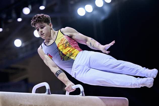 Belgian gymnast Victor Martinez Marechal pictured in action during the fifth rotation, the pommel horse, in the men all around final, on the third day of the European Championships Gymanstics in Antalya, Turkey, Thursday 13 April 2023. The EC are taking place from 11 to 16 April 2023. LAURIExDIEFFEMBACQ  x64664927x