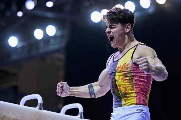Belgian gymnast Victor Martinez Marechal celebrates after the fifth rotation, the pommel horse, in the men all around final, on the third day of the European Championships Gymanstics in Antalya, Turkey, Thursday 13 April 2023. The EC are taking place from 11 to 16 April 2023. LAURIExDIEFFEMBACQ  x64666881x
