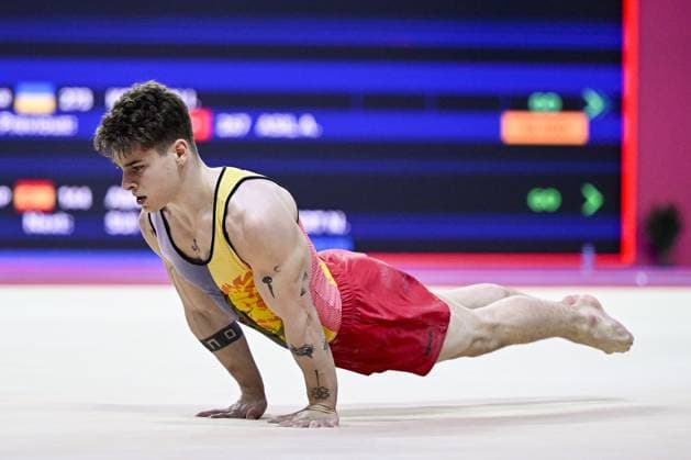 Belgian gymnast Victor Martinez Marechal pictured in action during the fourth rotation, the floor, in the men all around final, on the third day of the European Championships Gymanstics in Antalya, Turkey, Thursday 13 April 2023. The EC are taking place from 11 to 16 April 2023. LAURIExDIEFFEMBACQ  x64678811x