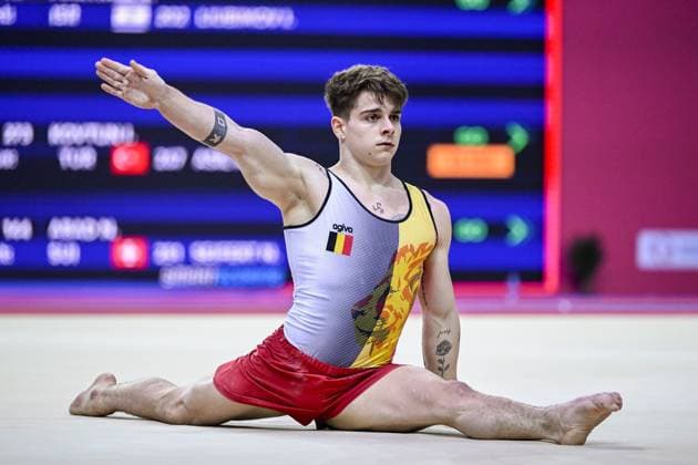 Belgian gymnast Victor Martinez Marechal pictured in action during the fourth rotation, the floor, in the men all around final, on the third day of the European Championships Gymanstics in Antalya, Turkey, Thursday 13 April 2023. The EC are taking place from 11 to 16 April 2023. LAURIExDIEFFEMBACQ  x64678821x