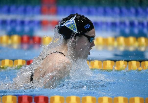Belgian Florine Gaspard pictured in action during the women s 50m breaststroke at the first day of the Belgian Swimming Championships, Friday 21 April 2023 in Antwerp. JOHNxTHYS  x65604015x