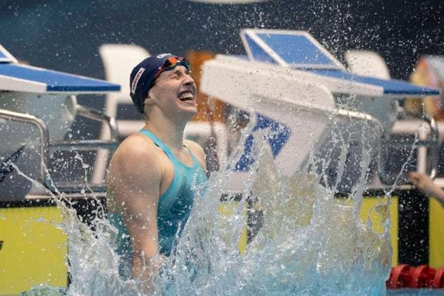 Angelina Koehler, SG Neukoelln Berlin, cheers for new German record in 100m butterfly, GER, Berlin Swim Open 2023, 21 04 2023 GER, Berlin Swim Open 2023, 21 04 2023 Berlin Copyright: xEibner-Pressefoto TinoxHenschelx EP_THL