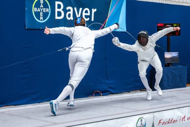 German championships women and men epee 2023 22 04 2023 direct elimination 32er tableau Fabian Herzberg TSV Bayer 04 Leverkusen right against Cedric Henry Fast Bielefelder TG left German championships women and men epee 2023 on 22 04 2023 in the Herbert Gruenewald hall 8 9 in Leverkusen Copyright: xBEAUTIFULxSPORTS U.xFassbenderx