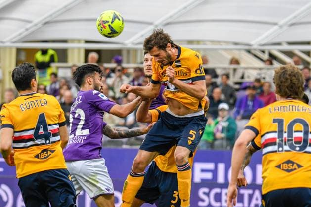 italian soccer Serie A match - ACF Fiorentina vs UC Sampdoria header of Sampdoria s Marios Oikonomou during ACF Fiorentina vs UC Sampdoria, italian soccer Serie A match in Florence, Italy, April 30 2023 Florence Artemio Franchi stadium Italy Copyright: xFabioxFagiolinix xLiveMediax LPS_920736