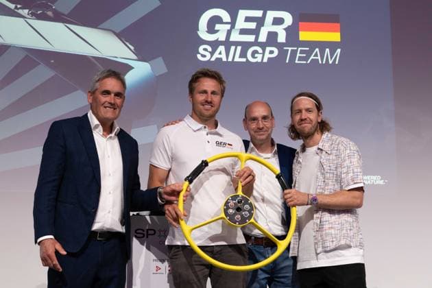 f l Sir Russell COUTTS, NZL, sailor and sailing yacht designer, Erik HEIL, sailor, Team GER, Thomas RIEDEL, Riedel Communications, Sebastian VETTEL, former Formula 1 racing driver, CEO Sir Russell Coutts presents the new SailGP team, SPOBIS 2023 trade fair in Duesseldorf, on 31 01 2023 Â
