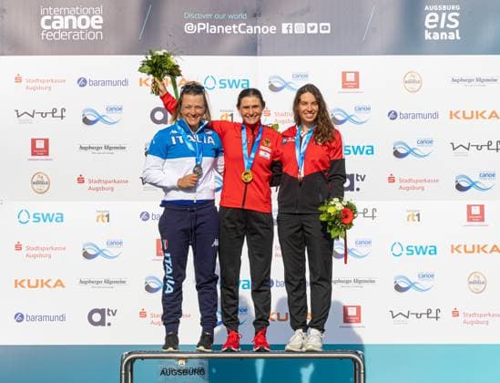 Elena Lilik Kanu Schwaben Augsburg 1 place, Kayak Women, Stefanie Horn Italy , 2 place, Viktoria Wolffhardt Austria 3 place Award Ceremony ICF Canoe Slalom World Cup 2023 Augsburg, Ice Canal