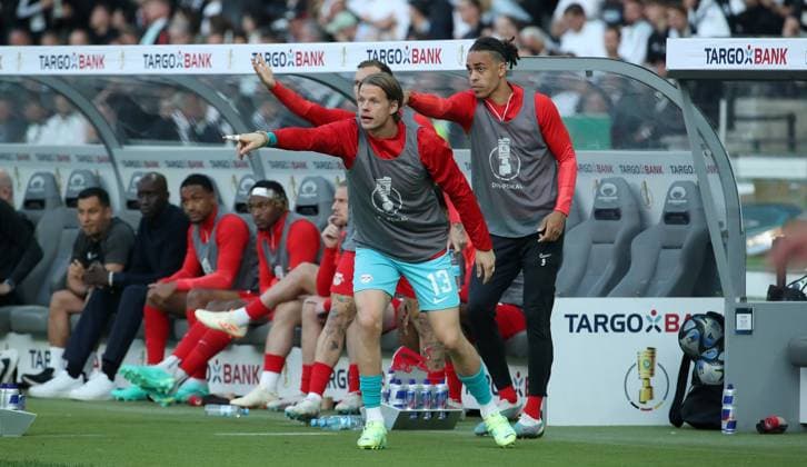 Goalkeeper Örjan Nyland, Yussuf Poulsen sports soccer soccer final DFB Pokal 2023 season 2022 2023 03 06 2023 RasenBall sports RB Leipzig RBL vs SG Eintracht Frankfurt SGE