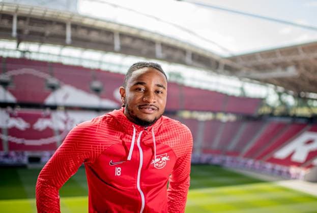Leipzigs Christopher Nkunku at photo shoot walk and interview with Christopher Nkunku 25 May 2023 Leipzig, Red Bull Arena walk and interview with Christopher Nkunku