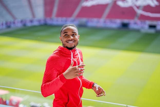 Leipzigs Christopher Nkunku at photo shoot walk and interview with Christopher Nkunku 25 May 2023 Leipzig, Red Bull Arena walk and interview with Christopher Nkunku