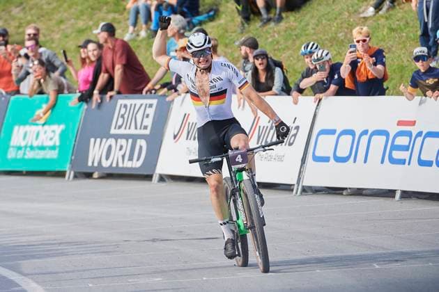 2023 UCI Mountain Bike World Series XCC World Cup Men Elite, Lenzerheide, Switzerland Lenzerheide, Switzerland 9 June 2023 Finish of the winner SCHWARZBAUER Luca CANYON CLLCTV in the Cross Country Short Track Men Elite at the UCI Mountain Bike World Series World Cup 2023 in Lenzerheide