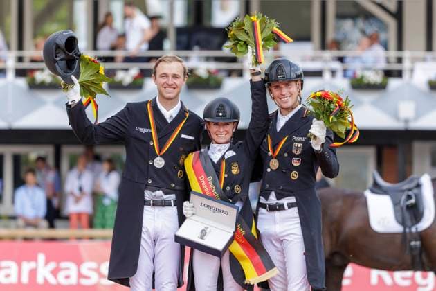 BALVE Longines Optimum 2023, BALVE Longines Optimum 2023 ROTHENBERGER Soenke GER , BREDOW WERNDL Jessica von GER , WANDRES Frederic GER Award Ceremony Grand Prix Special German Championship Dressage 2023 Prize of the Klaus Rheinberger Foundation Balve, Reitanlage Schloss Wocklum 10 June 2023