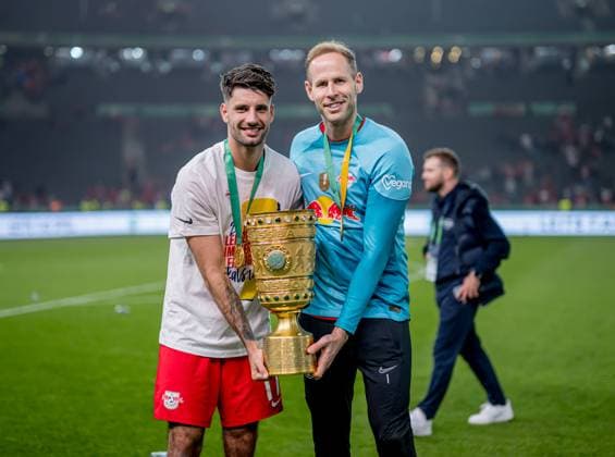 Leipzig goalkeeper Peter Gulacsi and Dominik Szoboszlai cheer after the match with the cup DFB Pokalfinale 2023 Eintracht Frankfurt RB Leipzig 0 2 3 June 2023 Olympiastadion, Berlin SG Eintracht Frankfurt RB Leipzig 0 2