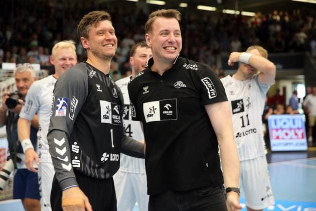11 06 23 Frisch Auf Göppingen THW Kiel Germany, Göppingen, 11 06 2023, Handball, Liqui Moly HBL Bundesliga, Frisch Auf Göppingen THW Kiel v l Niklas Landin THW Kiel , Filip Jicha coach THW Kiel