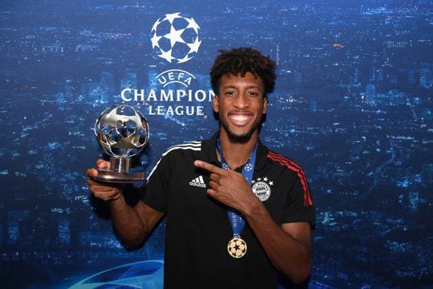 UEFA - Bayern Munich wins Champions League - Lisbon Handout. Editorial Use Only. Kingsley Coman of FC Bayern Munich poses with the UEFA Champions League Man of the Match Trophy following the UEFA Champions League Final match between Paris Saint-Germain and Bayern Munich at Estadio do Lisboa e Benfica on August 23, 2020 in Lisbon, Portugal. Photo by Michael Regan UEFA via ABACAPRESS.COM Lisbon Lisboa Portugal  Copyright: xABACAx 739632_005 ABACAx 739632_005