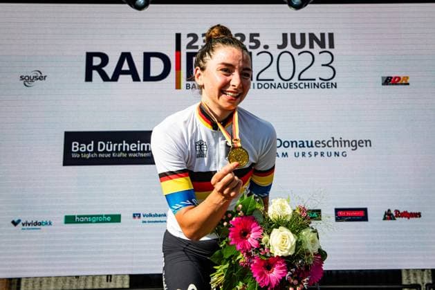 LIPPERT Liane National Championships Road Cycling 2023 RR Elite Women LIPPERT Liane GER MOVISTAR TEAM WOMEN MOV ESP Winner First Place Award Ceremony Medal Ceremony Podium Landscape Event National Championships Road Cycling Category Category Cycling Road Cycling Elite Women Location Ort Europe Germany Baden Württemberg Start Donaueschingen Finish Bad Dürrheim Baden Württemberg Discipline Road Race RR National Championships Distance 135 km Date Date 24 06 2023 Saturday