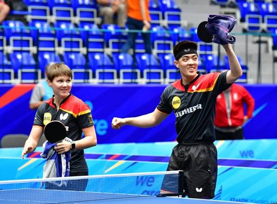 DAng QIU and Nina MITTELHAM, Germany, Win Gold in Mixed at the European Games in Krakow and thus secure their personal starting place at the Olympic Games in Paris DAng QIU and Nina MITTELHAM, Germany, Win Gold in Mixed at the European Games in Krakow and thus secure their personal starting place at the Olympic Games in Paris Krakow Krakow Hutnik Arena Poland