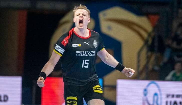 29 06 2023, GER, handball, men, DHB, Handball U21 World Championship 2023, quarterfinals, Germany Denmark Justus Fischer Germany cheers Berlin Max Schmeling Halle Berlin Germany