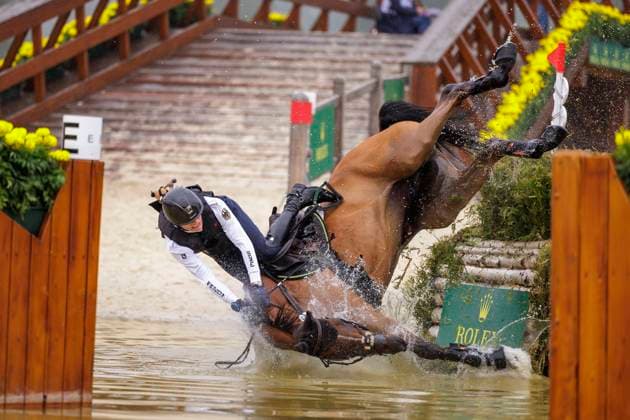 AACHEN CHIO 2023, AACHEN CHIO 2023 BOECKMANN Calvin GER , Altair de la Cense falls at obstacle 10a SAP Cup Nations Cup Eventing Cross Country Aachen, Soers 01 July 2023