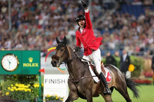 1 place for Switzerland, Martin Fuchs SUI with horse Commissar Pezi cheers to victory, emotions , Mercedes Benz Nations Cup, Team Jumping Competition with two rounds under floodlights , World Equestrian Festival, CHIO Aachen 2023, 23 06 02 07 2023, Aachen Soers, 29 06 2023,