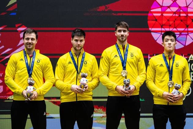 230701 The team of Germany with their gold medals during the prize ceremony after the men s table tennis team final against Germany during the European Games on July 1, 2023 in Krakow Photo Petter Arvidson BILDBYRAN code PA PA0618 bordtennis table tennis pingis europeiska spelen europeiska spelen europeiska spelen 2023 european games european games 2023 bbeng sverige tyskland final  Copyright: PETTERxARVIDSON BB230701PA117