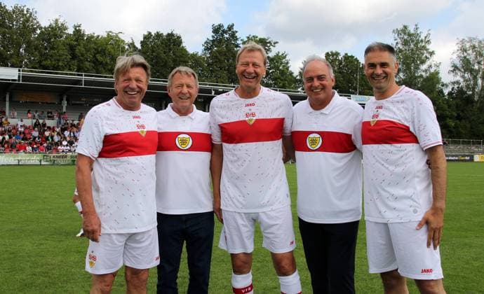 02 07 23 1 Göppinger SV VfB Stuttgart Traditionself Germany, Stuttgart, 02 07 2023, Football, Bundesliga, 1 Göppinger SV VfB Stuttgart Traditionself v l Bernd Förster, Karlheinz Förster, Guido Buchwald, Hansi Müller, Marijan Kovacevic all VfB Stuttgart