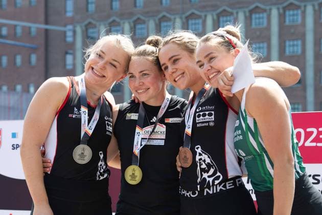 from left Annika LOSKE KC Potsdam , 2 place, silver medal, Lisa JAHN KC Berlion , winner, gold medal, Ophelia PRELLER KC Potsdam , 3 place, bronze medal, Sophie KOCH Rheinbrueder Karlsruhe , 4 place, award ceremony finals canoe C1 of women, women, canoe parallel sprint, canoe competitions on 09 07 2023 in Duisburg Germany The Finals 2023 Rhine Ruhr from 06 07 09 07 2023 Â