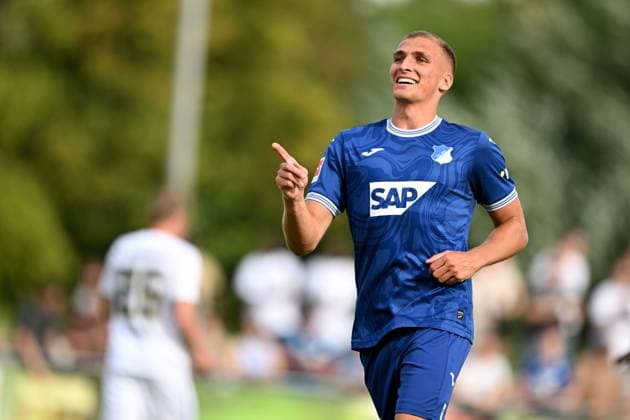 12 07 2023, Heilbronn, Germany, Erbe Arena, TSG 1899 Hoffenheim vs SV Elversberg test match, Grischa Proemel TSG 1899 Hoffenheim goal celebration, cheers after his goal to 1 0 Photo H Langer, H Langer Heilbronn Erbe Arena Germany 541_ FCATUR20230712_012 Langer-541
