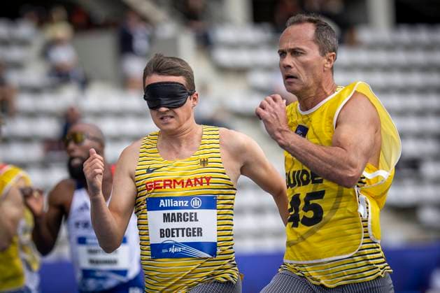 Paris 2023 World Para Athletics Championships France, 14 07 2023 Marcel Boettger GER TV Wattenscheid 01 T12 and Guide Alexander Kosenkow GER TV Wattenscheid 01 Guide during the World Para Athletics Championships on 14 07 2023 at the Charlety Stadium in Paris, France Copyright: xBEAUTIFULxSPORTS AxelxKohringx