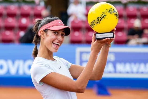 230715 Olga Danilovic, Serbia, celebrates with the trophy during the prize-giving ceremony for the womens final on day 6 of the WTA Nordea Open on July 15, 2023 in Bastad, Sweden.  Copyright: NICLASxJÖNSSON BB230715NO075