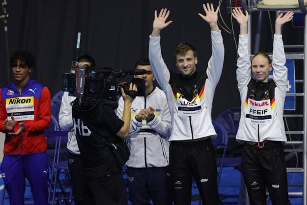 Alexander Lube and Pauline Alexandra Pfeif, GER, during 2023 aquatic worlds in Fukuoka, synchronized 10m platform mixed, 15 07 2023