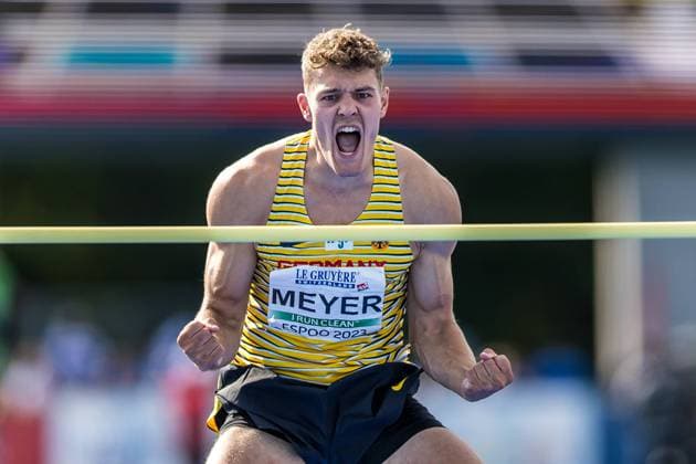 European U23 Athletics Championships , Espoo, Finland 15 07 2023 Marcel MEYER of Germany celebrates in the high jump of the mens decathlon at the European U23 Athletics Championships in Espoo, Finland, on Saturday, July 15, 2023 Copyright: xBEAUTIFULxSPORTS OlafxRellischx
