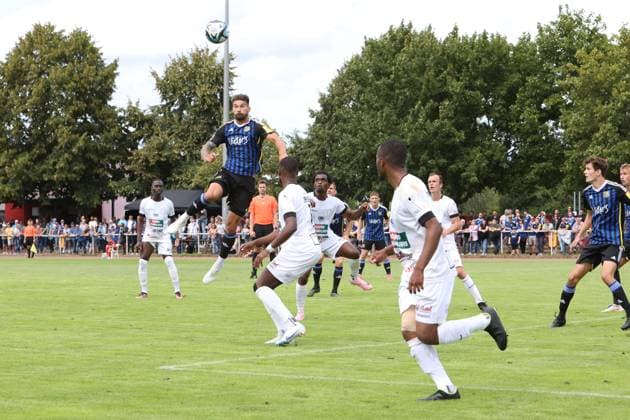 29 07 2023, Football, Men, Test Match, Season 2023 2024, 1 FC Saarbrücken Union Titus Petingen, Kai Brünker 1 FC Saarbrücken , Jeremy Mawatu Union Titus Petingen Saarlouis Summa Arena Saarland Germany EN