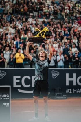 Tennis Men ATP Tour 500 European Open Hamburg Alexander Zverev GER vs Laslo Djere SRB 30 07 2023 Alexander Zverev GER cheers because he won the final and raises the trophy in the air Hamburg Tennis am Rothenbaum Hamburg Germany
