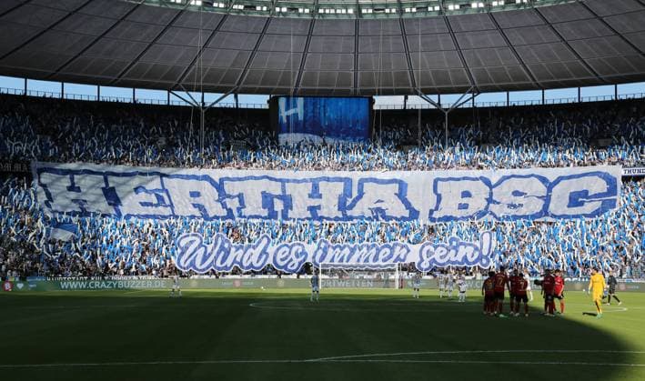 Fan choreography Hertha BSC it will always be Olympiastadion sports venue overview sports football soccer DFL 2 Bundesliga men 2 matchday season 2023 2024 04 08 2023 Hertha BSC Berlin vs SV Wehen Wiesbaden DFL regulations prohibit any use of photographs as image sequences and or quasi video