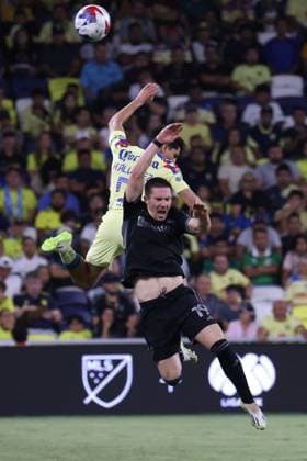 NASHVILLE, TN - AUGUST 08: Nashville SC midfielder Alex Muyl (19) and AmŽrica defender Kevin Alvarez (5) during a LeagueÕs Cup Round of 16 match between Nashville SC and AmŽrica, August 8, 2023 at GEODIS Park in Nashville, Tennessee. (Photo by Matthew Maxey Icon Sportswire) SOCCER: AUG 08 Leagues Cup - Nashville SC vs America EDITORIAL USE ONLY Icon23080815